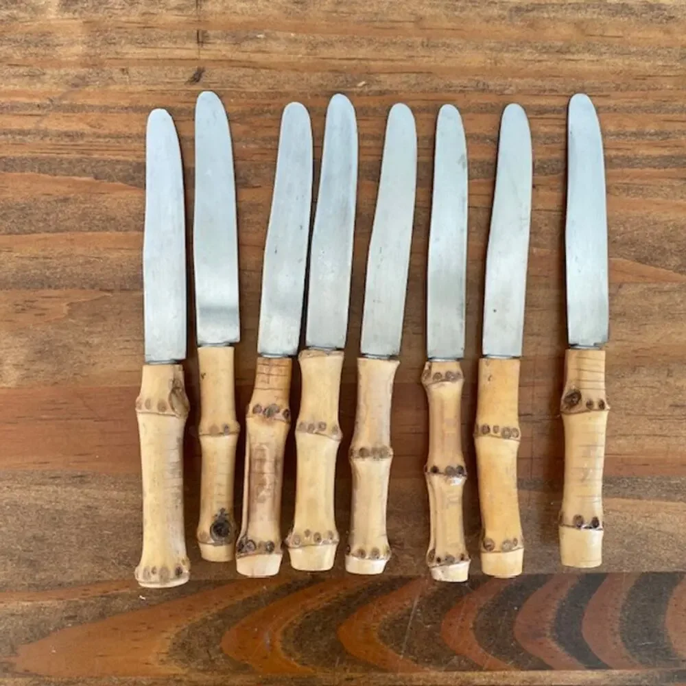 8 Vintage Bamboo Handle Stainless Steel Butter Knives - Made in Japan